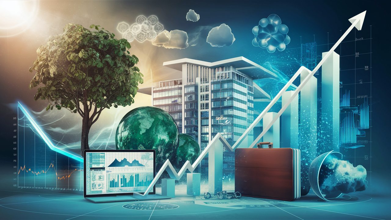 as a growing tree symbolizing the company, a blueprint of a modern building representing expansion, and a graph with an upward trajectory depicting growth