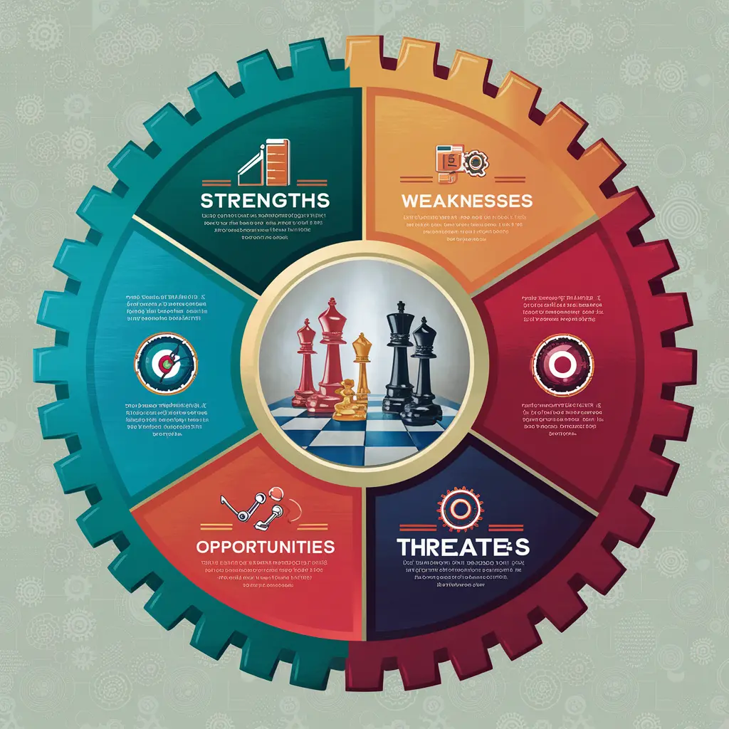 A large circular frame, divided into four sections representing Strengths, Weaknesses, Opportunities, and Threats. Each section contains vivid, eye-catching icons and phrases, with a central image of a chess-like competition.