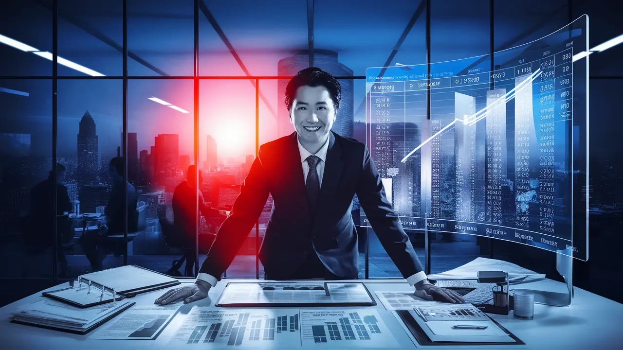 A successful tax strategist in a modern office setting. The strategist is depicted confidently standing behind a desk, surrounded by various documents and a large computer screen displaying financial data. 