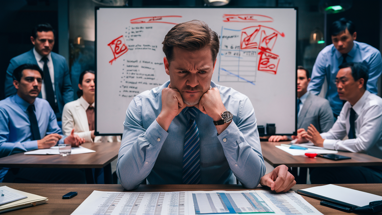 In front of him is a large whiteboard with scribbled notes and red markings, indicating problems or issues. The atmosphere is tense, and the focus is on the businessman, who is pondering his next move to improve the performance of his underperforming team.