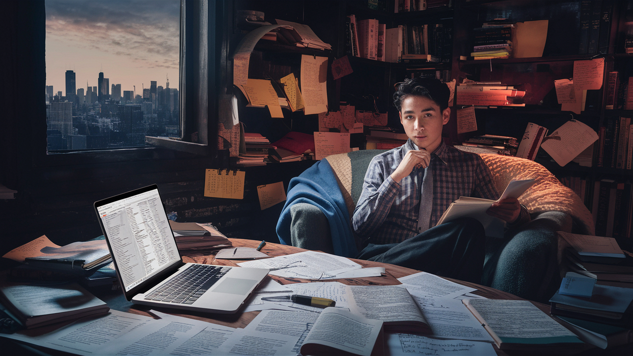cluttered with papers and writing materials, reflecting their dedication to personal development
