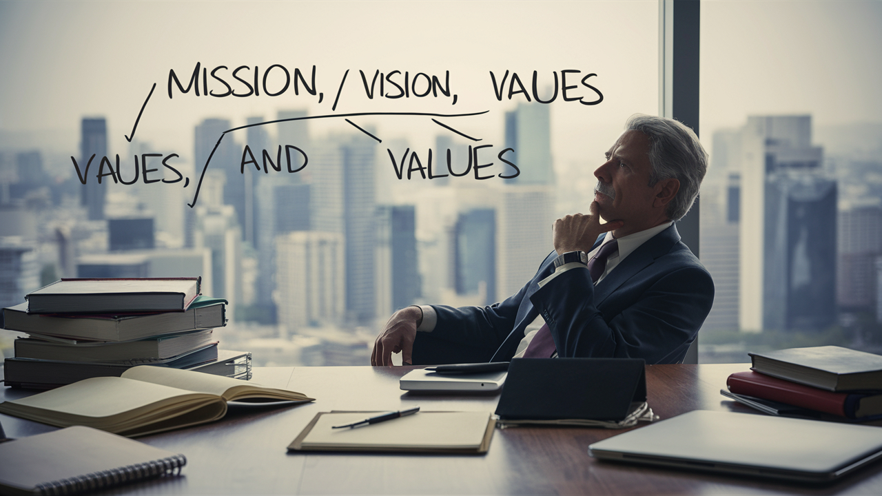 He is deep in thought, pondering the mission, vision, and values of his business.