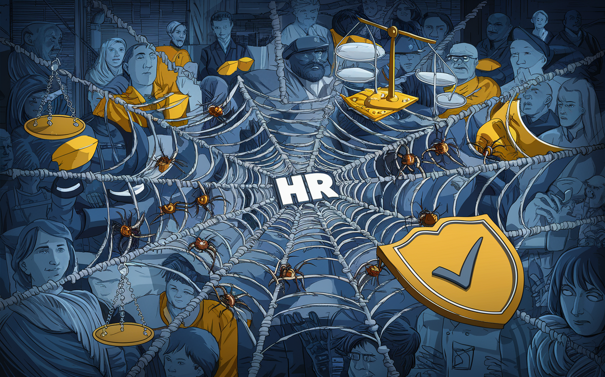 Spiders crawl along the web, representing the ever-watchful eye of compliance.