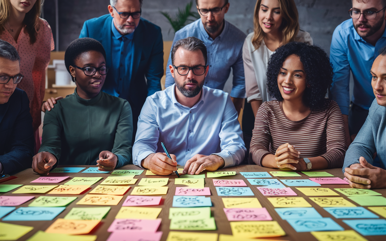well-composed image featuring a diverse group of professionals gathered around a table covered with colorful sticky notes.